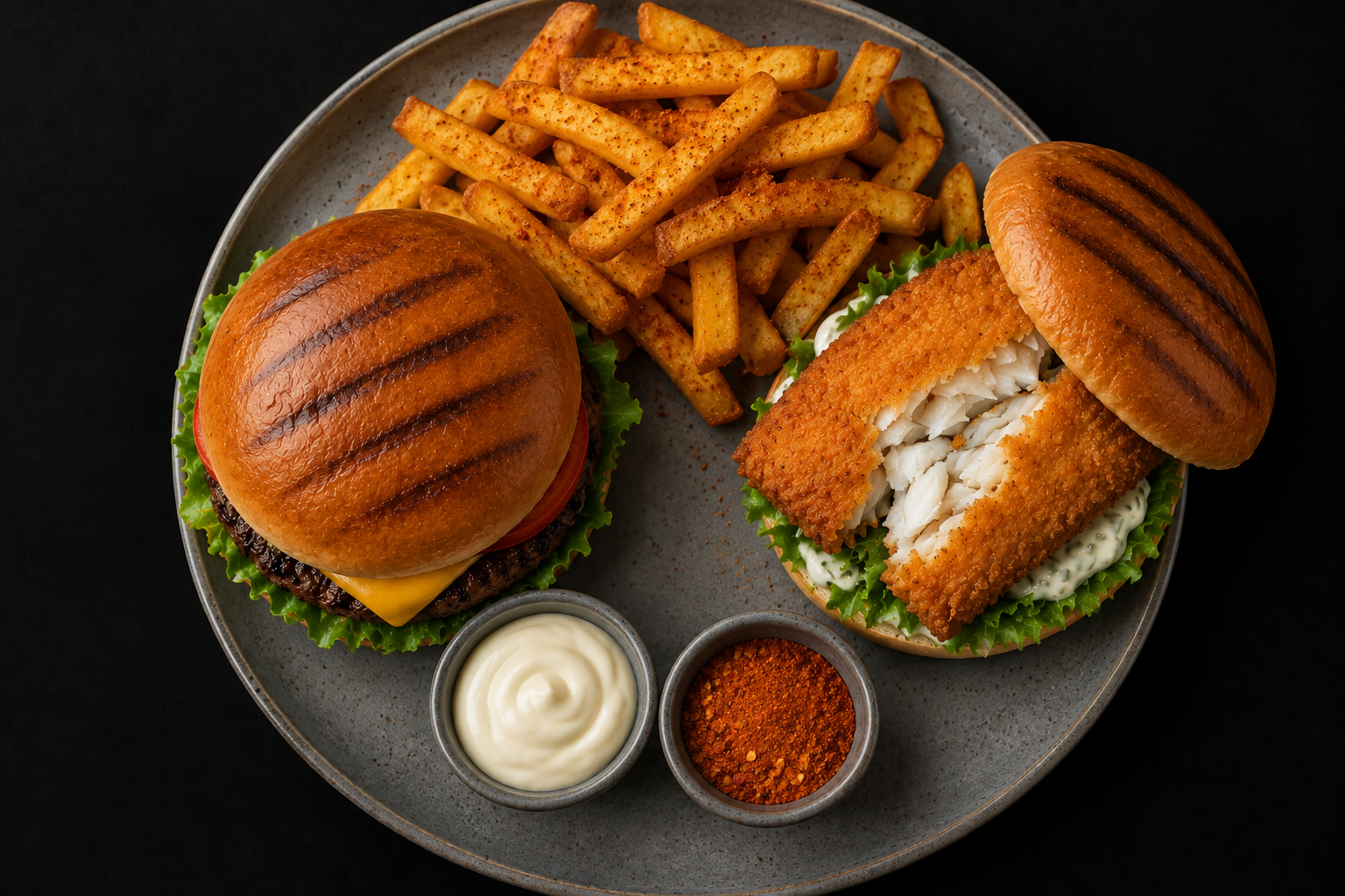 Burger, fish fillet sandwich and seasoned fries on a plate with dips