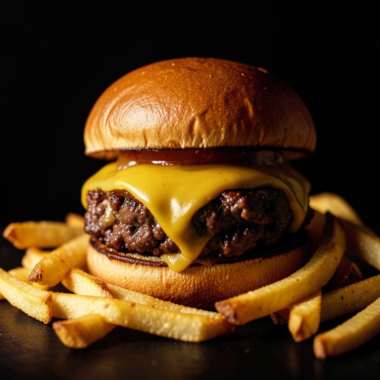 Smashed beef burger with cheese and fries