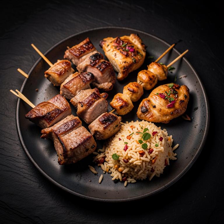 Mixed grill platter with skewers and spiced rice